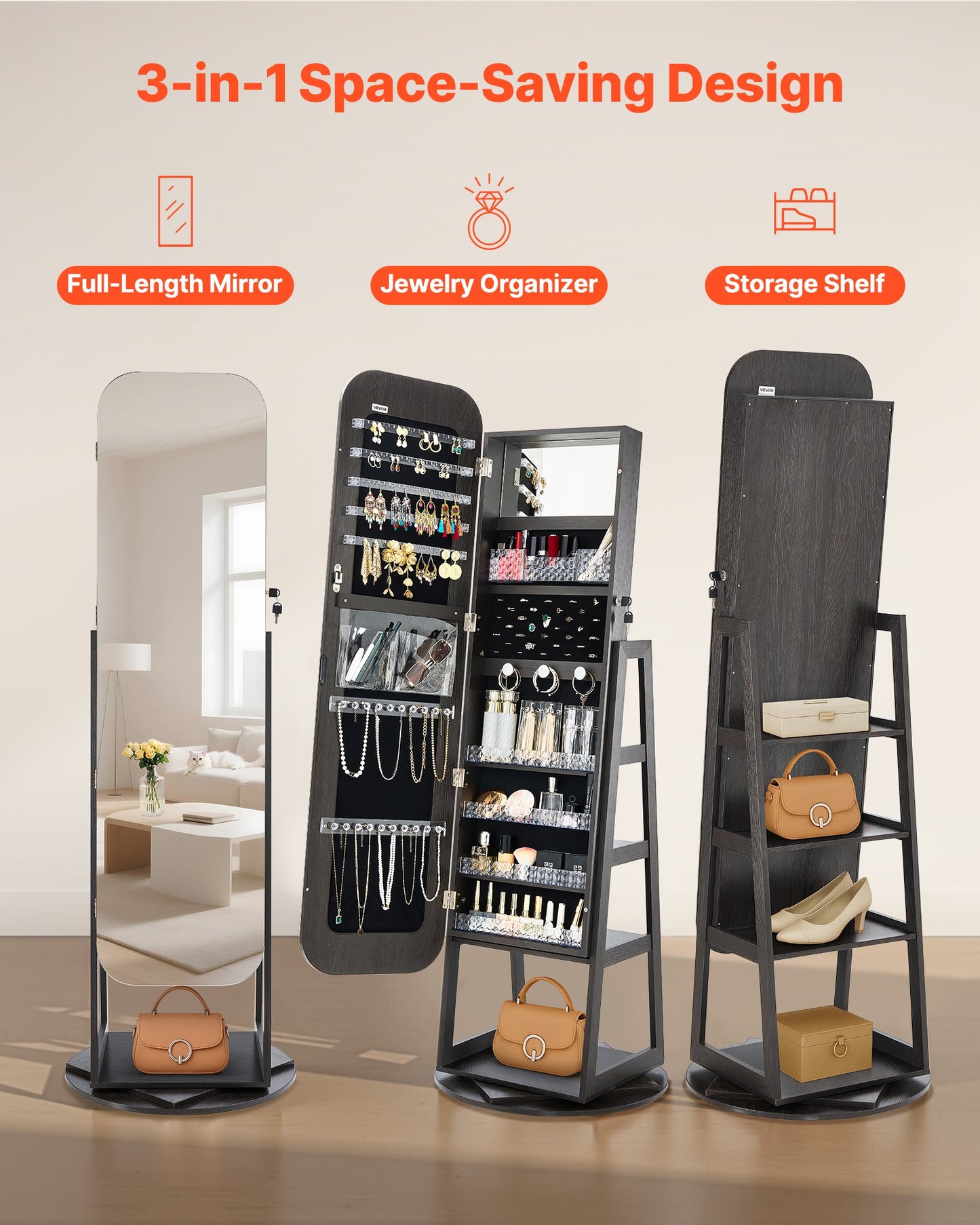 360° drehbarer Schmuckschrank, 1600 mm hoch, Ganzkörperspiegel mit Ablage, freistehender, drehbarer Schmuckschrank-Organizer, abschließbare Tür mit 2 Schlüsseln, Zubehörtaschen und Ablagefächern.