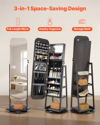 360° drehbarer Schmuckschrank, 1600 mm hoch, Ganzkörperspiegel mit Ablage, freistehender, drehbarer Schmuckschrank-Organizer, abschließbare Tür mit 2 Schlüsseln, Zubehörtaschen und Ablagefächern.