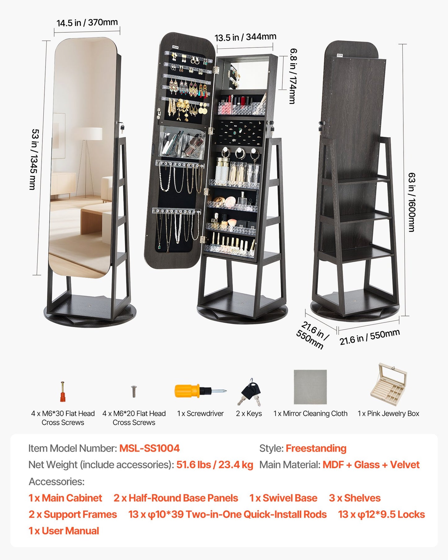 360° drehbarer Schmuckschrank, 1600 mm hoch, Ganzkörperspiegel mit Ablage, freistehender, drehbarer Schmuckschrank-Organizer, abschließbare Tür mit 2 Schlüsseln, Zubehörtaschen und Ablagefächern.