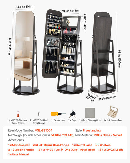360° drehbarer Schmuckschrank, 1600 mm hoch, Ganzkörperspiegel mit Ablage, freistehender, drehbarer Schmuckschrank-Organizer, abschließbare Tür mit 2 Schlüsseln, Zubehörtaschen und Ablagefächern.
