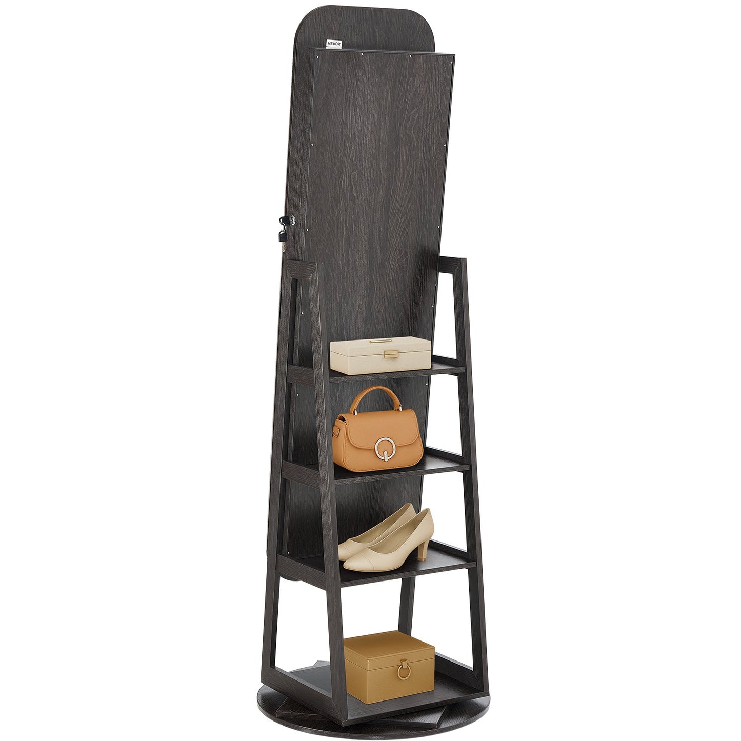 360° drehbarer Schmuckschrank, 1600 mm hoch, Ganzkörperspiegel mit Ablage, freistehender, drehbarer Schmuckschrank-Organizer, abschließbare Tür mit 2 Schlüsseln, Zubehörtaschen und Ablagefächern.