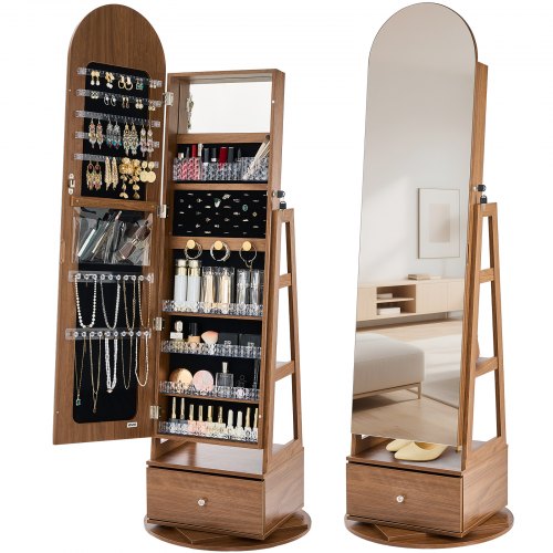 360° Swivel Jewelry Cabinet, 1655 mm Tall, Full-Length Mirror with Storage, Standing Rotatable Jewelry Armoire Organizer, Lockable with 2 Keys, Accessory Pouches, Storage Shelves and Drawer