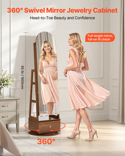 360° drehbarer Schmuckschrank, 1655 mm hoch, Ganzkörperspiegel mit Ablage, freistehender, drehbarer Schmuckschrank, abschließbar mit 2 Schlüsseln, Zubehörtaschen, Ablagefächer und Schublade