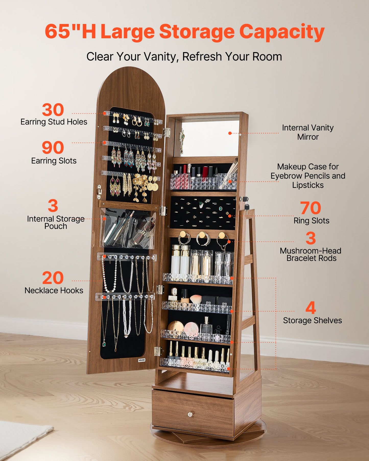 360° drehbarer Schmuckschrank, 1655 mm hoch, Ganzkörperspiegel mit Ablage, freistehender, drehbarer Schmuckschrank, abschließbar mit 2 Schlüsseln, Zubehörtaschen, Ablagefächer und Schublade