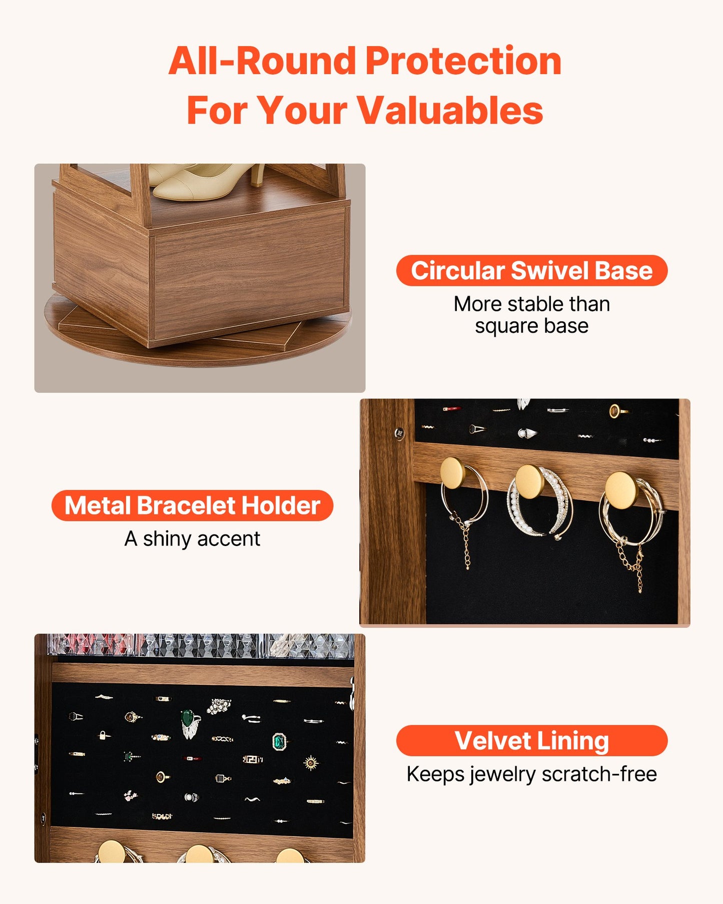 360° drehbarer Schmuckschrank, 1655 mm hoch, Ganzkörperspiegel mit Ablage, freistehender, drehbarer Schmuckschrank, abschließbar mit 2 Schlüsseln, Zubehörtaschen, Ablagefächer und Schublade