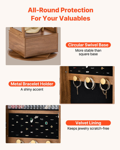 360° drehbarer Schmuckschrank, 1655 mm hoch, Ganzkörperspiegel mit Ablage, freistehender, drehbarer Schmuckschrank, abschließbar mit 2 Schlüsseln, Zubehörtaschen, Ablagefächer und Schublade