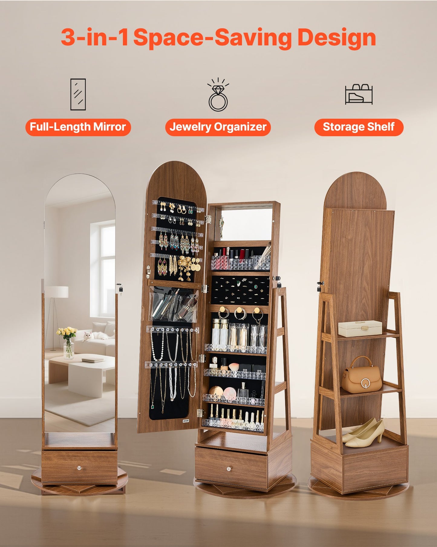 360° drehbarer Schmuckschrank, 1655 mm hoch, Ganzkörperspiegel mit Ablage, freistehender, drehbarer Schmuckschrank, abschließbar mit 2 Schlüsseln, Zubehörtaschen, Ablagefächer und Schublade