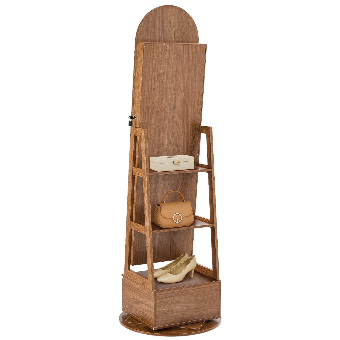 360° drehbarer Schmuckschrank, 1655 mm hoch, Ganzkörperspiegel mit Ablage, freistehender, drehbarer Schmuckschrank, abschließbar mit 2 Schlüsseln, Zubehörtaschen, Ablagefächer und Schublade