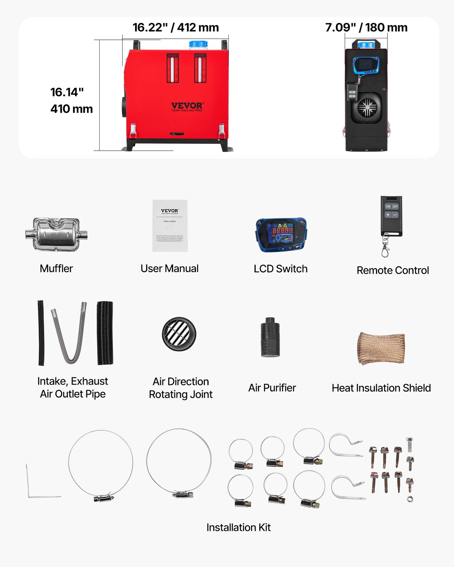 Diesel Air Heater, 12-24V 8KW, Fast Heating Diesel Parking Heater with Remote Control and Blue LCD Switch, Low Noise, Pre-Heating Function, for RV, Truck, Camper, Van, Boat and Trailer