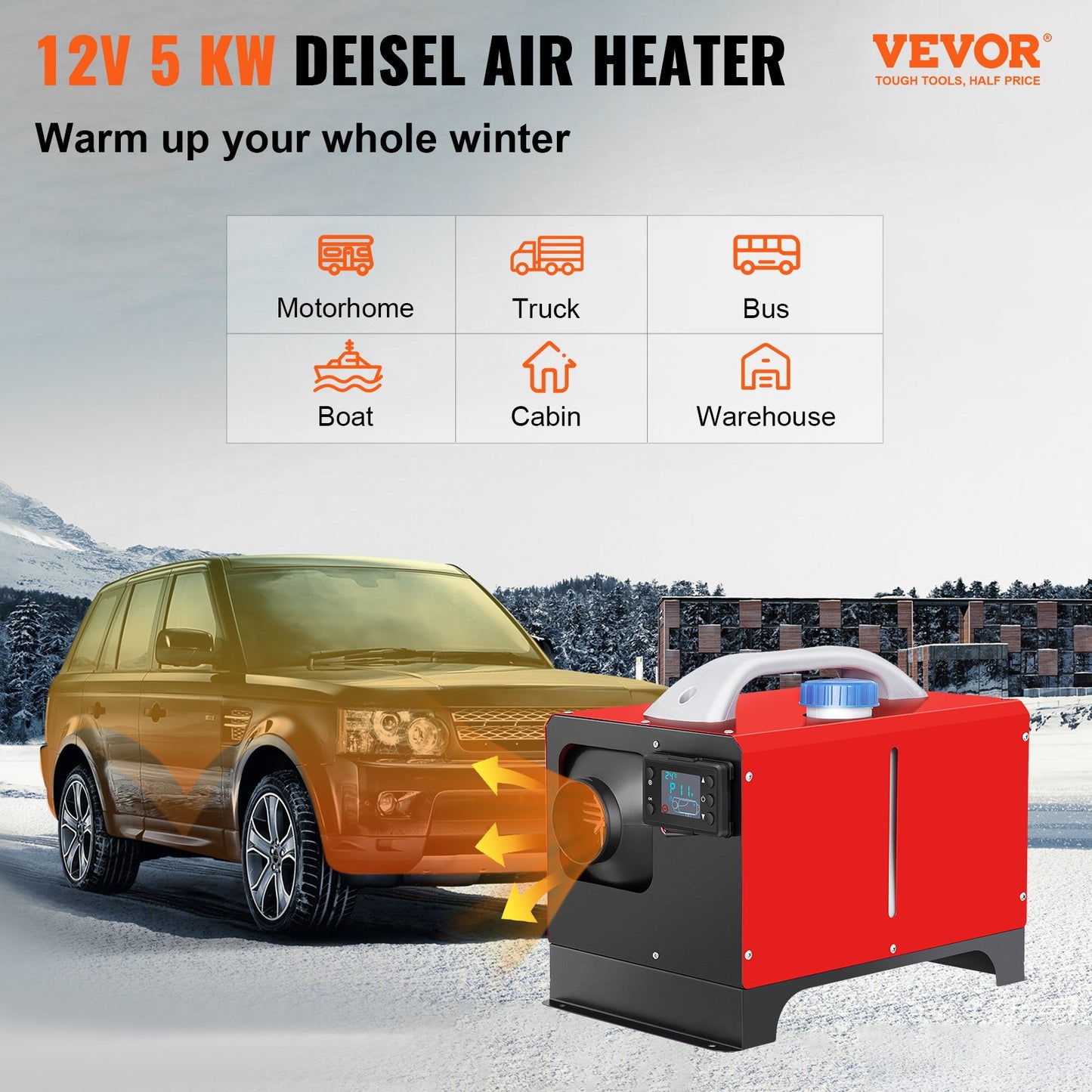 NEW Diesel Air Heater, 5KW 12V Parking Heater, Mini Truck Heater, Single Outlet Hole, with Black LCD, Remote Control, Fast Heating Diesel Heater, For RV Truck, Boat, Bus, Car Trailer, Motorhomes