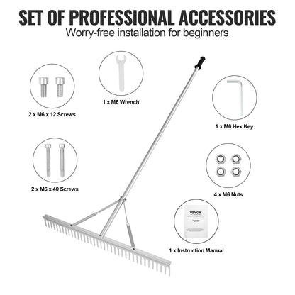 Landscape Rake, 915mm Head Aluminum Landscape Rake, Lake Weed Rake with 1915mm Long Handle, for Loosening Soil, Lawn Care, Weeding Lake, Garden, Pond