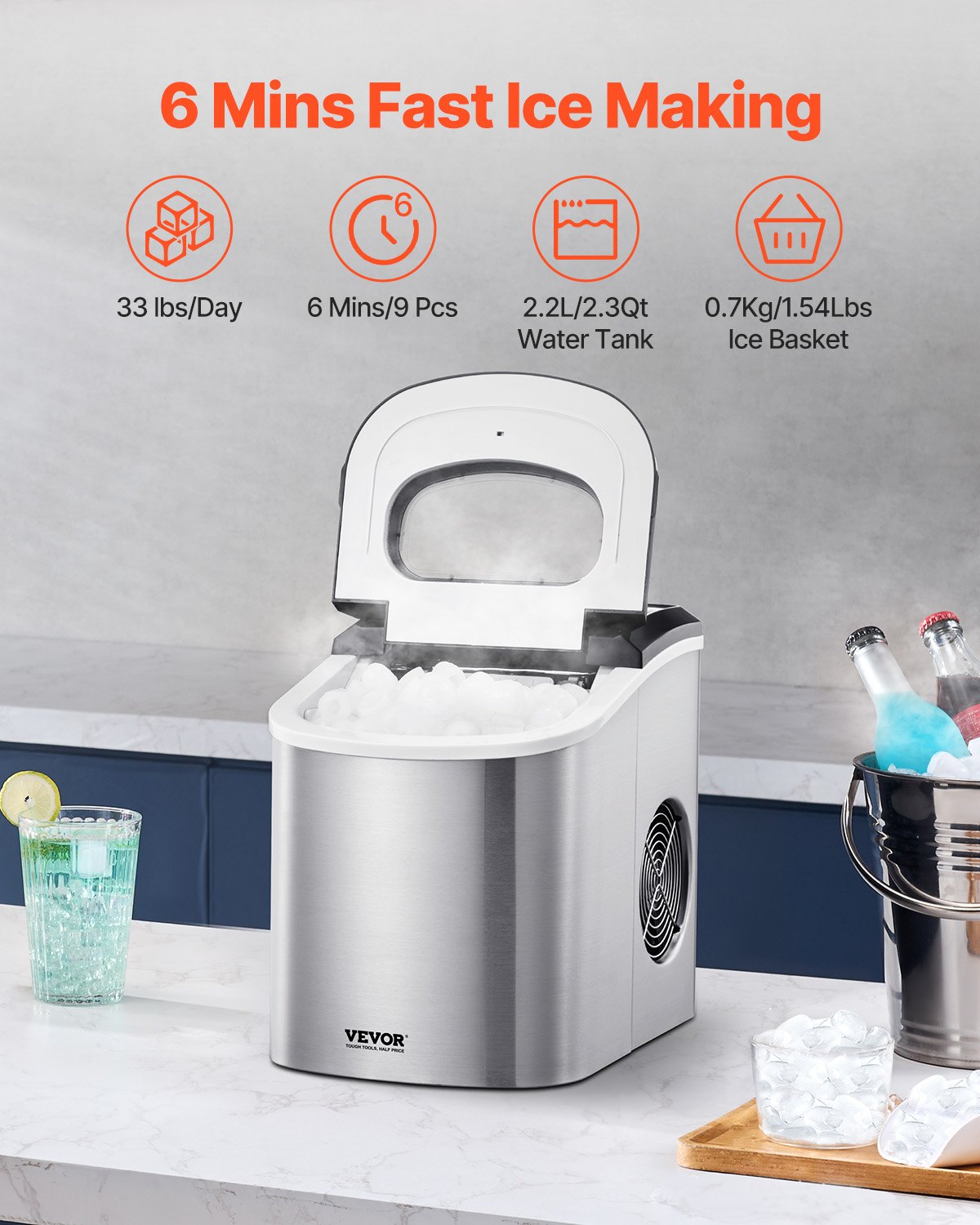 Countertop Ice Maker, 9 Cubes Ready in 6 Mins, 33lbs in 24Hrs, Self-Cleaning Portable Ice Maker with Ice Scoop and Basket, Ice Machine with 2 Sizes Bullet Ice for Home Kitchen Office Bar Party
