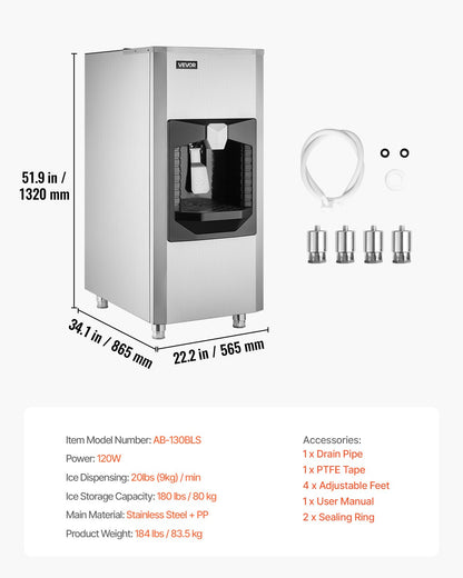 Ice Dispenser, Ice Storage Bin with 180 Lbs Storage Capacity, 20 Lbs/Min Automatic Ice Dispensing with Crusher, Height Adjustable Feet, for Commercial Ice Maker Machine, Restaurant and Hotel