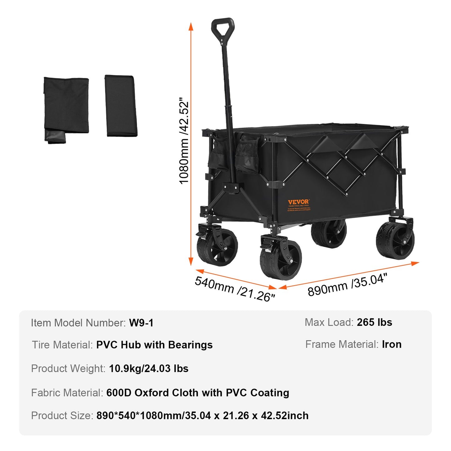 Collapsible Folding Wagon, 150 L Beach Wagon Cart with All-Terrain Wheels, Heavy Duty Folding Wagon Cart Max 265 lbs with Drink Holders, Sports Wagon for Camping, Shopping, Garden