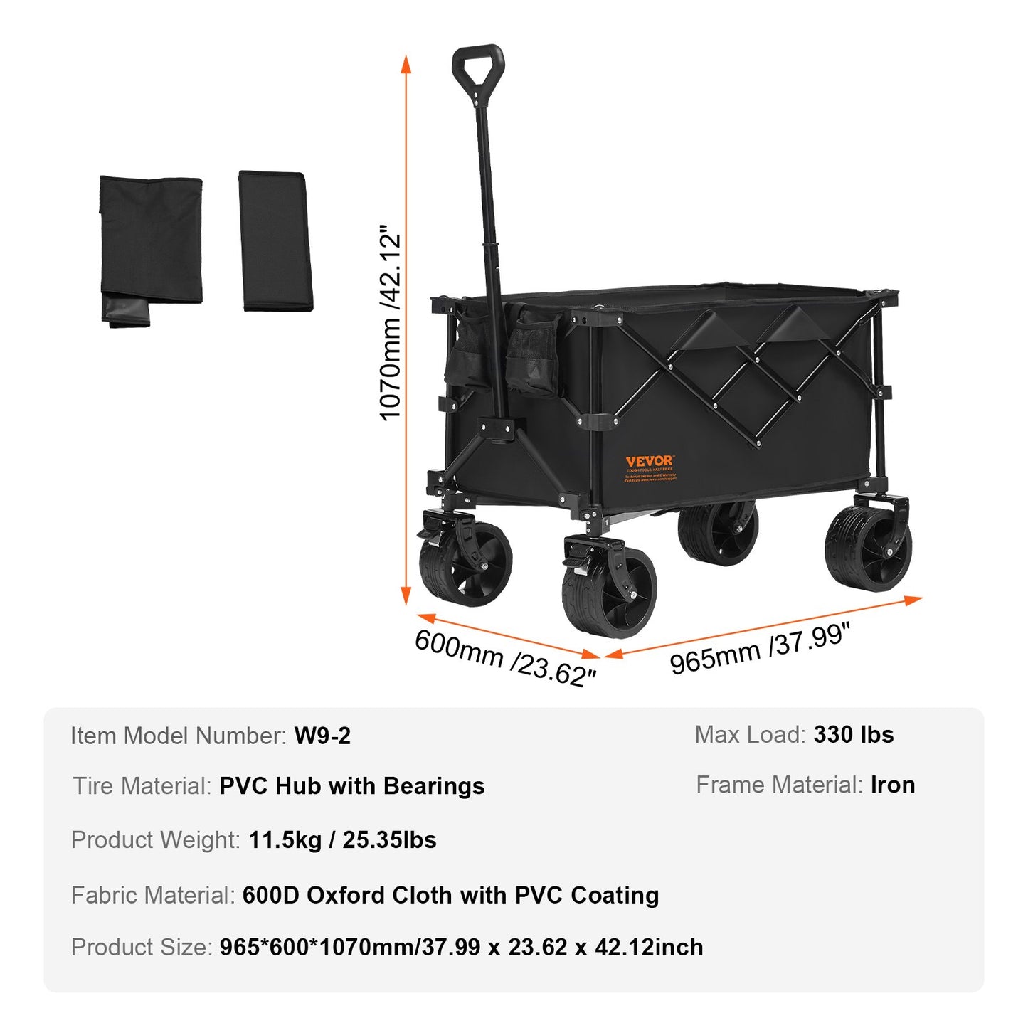 Collapsible Folding Wagon, 220 L Beach Wagon Cart with All-Terrain Wheels, Heavy Duty Folding Wagon Cart Max 330 lbs with Drink Holders, Sports Wagon for Camping, Shopping, Garden