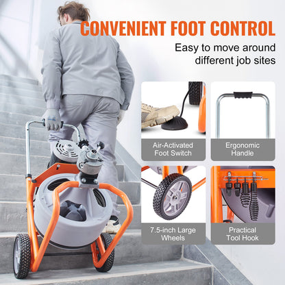 Drain Cleaner Machine 75FT x 3/8 Inch, Auto Feed Sewer Snake Drain Auger on Wheels, Portable Drain Cleaning Machine with 8 Cutters & Air-activated Foot Switch for 2" to 4" Pipes
