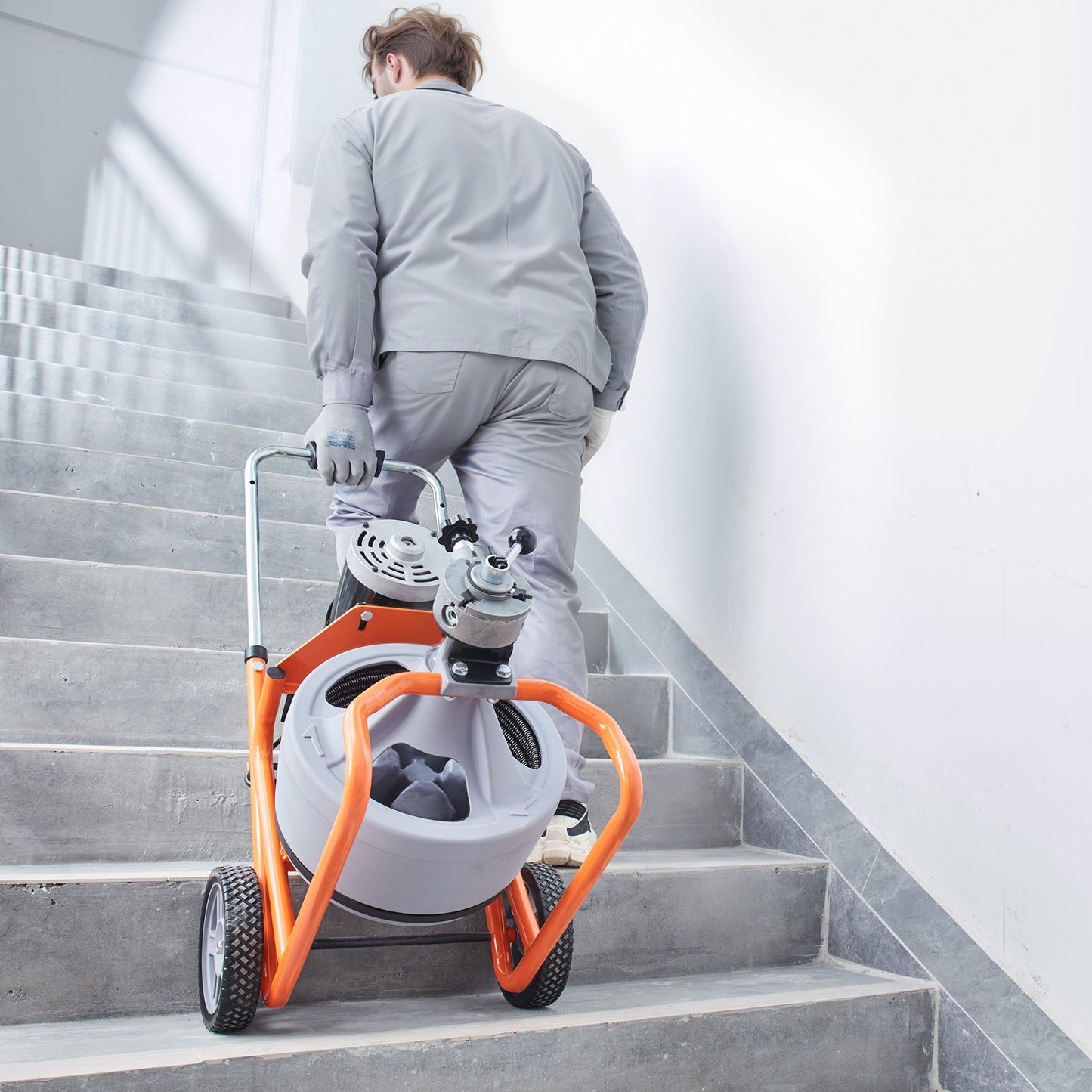 Drain Cleaner Machine 75FT x 3/8 Inch, Auto Feed Sewer Snake Drain Auger on Wheels, Portable Drain Cleaning Machine with 8 Cutters & Air-activated Foot Switch for 2" to 4" Pipes