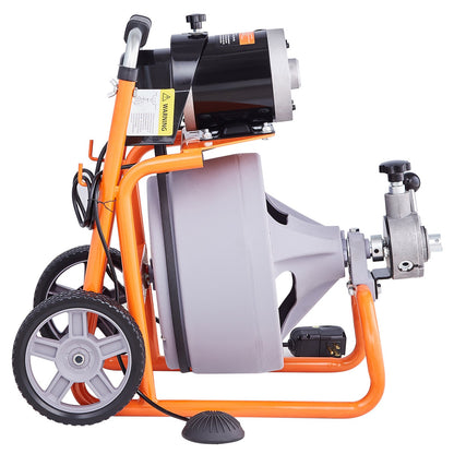 Drain Cleaner Machine 75FT x 3/8 Inch, Auto Feed Sewer Snake Drain Auger on Wheels, Portable Drain Cleaning Machine with 8 Cutters & Air-activated Foot Switch for 2" to 4" Pipes