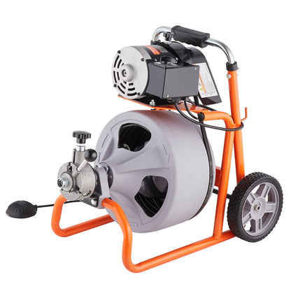 Drain Cleaner Machine 75FT x 3/8 Inch, Auto Feed Sewer Snake Drain Auger on Wheels, Portable Drain Cleaning Machine with 8 Cutters & Air-activated Foot Switch for 2" to 4" Pipes