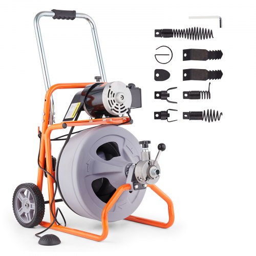 Drain Cleaner Machine 75FT x 1/2 Inch, Auto Feed Sewer Snake Drain Auger on Wheels, Portable Drain Cleaning Machine with 8 Cutters & Air-activated Foot Switch for 2" to 4" Pipes