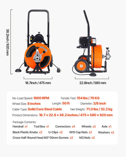Drain Cleaner Machine Electric Drain Auger 50 FT x 3/8 In Auto Feed