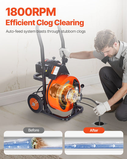 Drain Cleaner Machine Electric Drain Auger 50 FT x 1/2 In Auto Feed