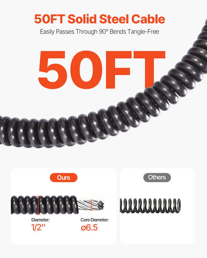 Drain Cleaner Machine Electric Drain Auger 50 FT x 1/2 In Auto Feed