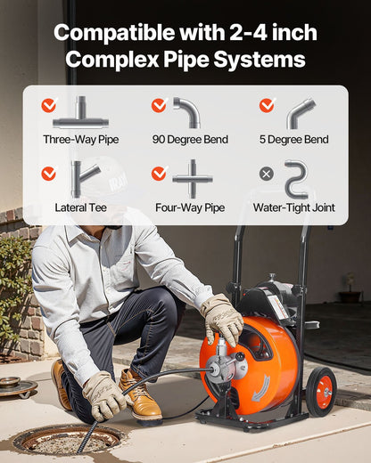 Drain Cleaner Machine Electric Drain Auger 100 FT x 3/8 In Auto Feed