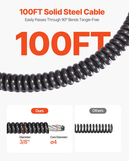 Drain Cleaner Machine Electric Drain Auger 100 FT x 3/8 In Auto Feed