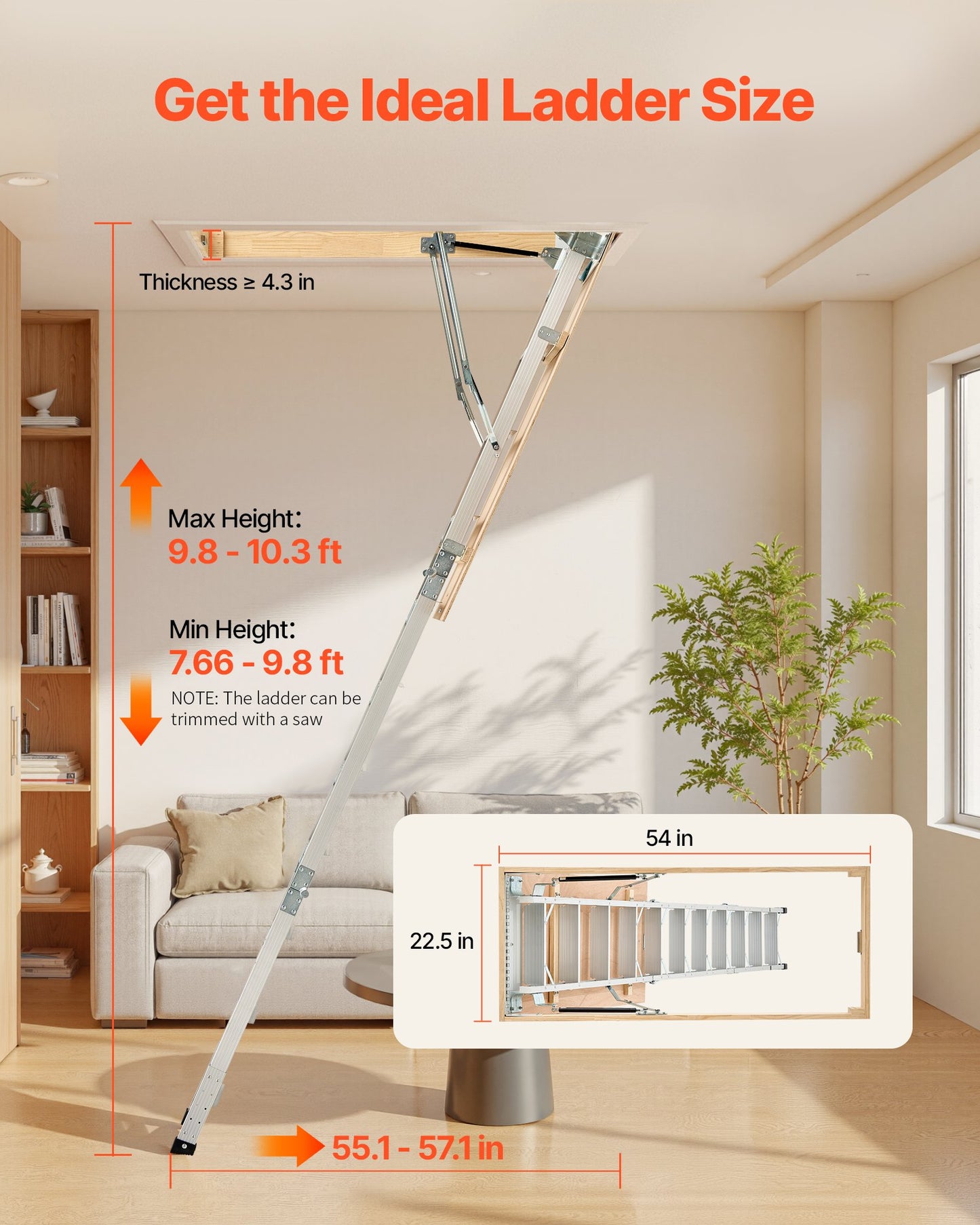 Attic Ladder, 375LBS / 170KG Capacity, 9.8 to 10.3 ft / 3 to 3.13 m Height Adjustable, Multi-Purpose Foldable Aluminium Attic Stairs, Fits 7.66 to 10.25 ft Ceiling Heights for Convenient Access