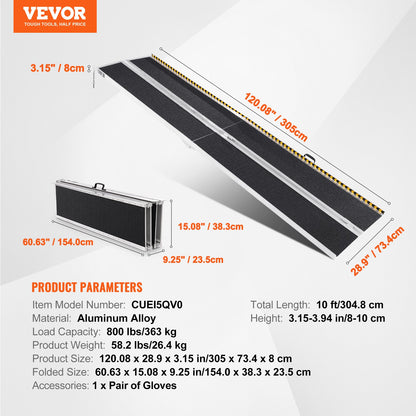 Portable Wheelchair Ramp, 304.8 cm 363 kg Capacity, Non-Slip Aluminum Folding Threshold Ramp, Foldable Mobility Scooter Ramp Wheel Chair Ramp, Handicap Ramp for Home Steps, Stairs, Doorways, Curbs