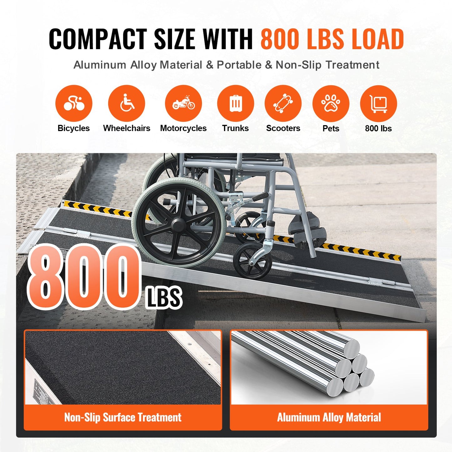 Portable Wheelchair Ramp, 152 cm 363 kg Capacity, Non-Slip Aluminum Folding Threshold Ramp, Foldable Mobility Scooter Ramp Wheel Chair Ramp, Handicap Ramp for Home Steps, Stairs, Doorways, Curbs