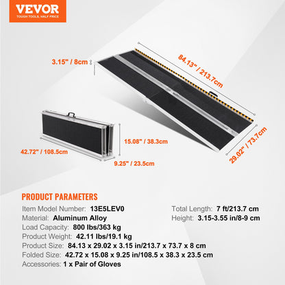 Portable Wheelchair Ramp, 7 ft 800 lbs Capacity, Non-Slip Aluminum Folding Threshold Ramp, Foldable Mobility Scooter Ramp Wheel Chair Ramp, Handicap Ramp for Home Steps, Stairs, Doorways, Curbs