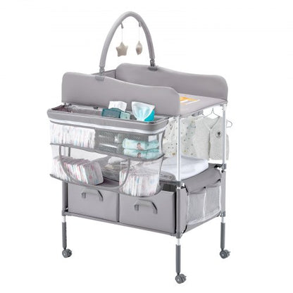 Baby Changing Table, Foldable Diaper Change Station with 2 Fabric Drawers, Side Basket & Hanging Rod, Adjustable Height Portable Changing Table with Lockable Wheels & 2 Star Toys, Light Gray