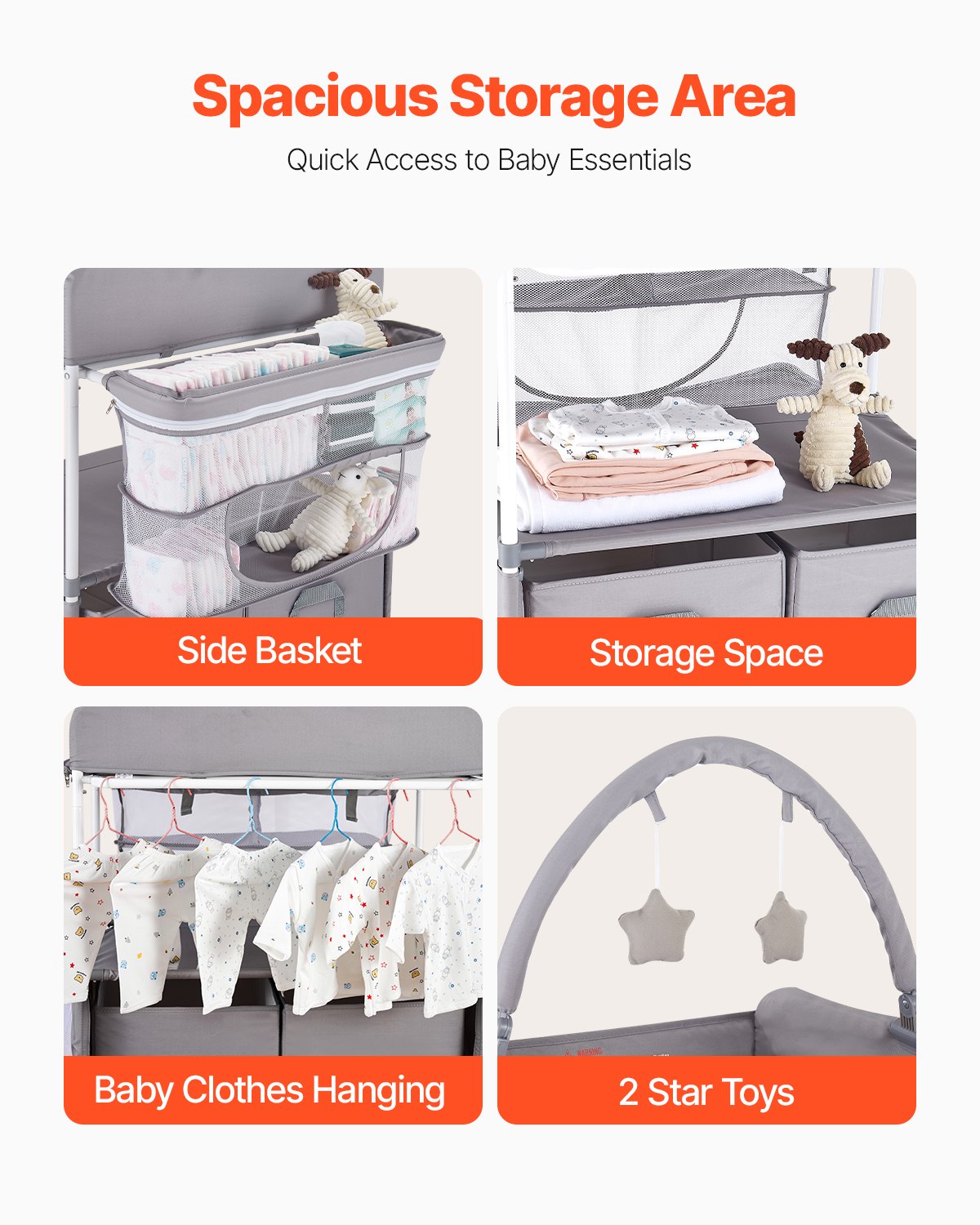 Baby Changing Table, Foldable Diaper Change Station with 2 Fabric Drawers, Side Basket & Hanging Rod, Adjustable Height Portable Changing Table with Lockable Wheels & 2 Star Toys, Light Gray