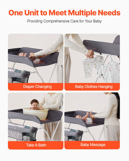 Wickeltisch, faltbar mit Seitenkorb, höhenverstellbar, tragbar, mit feststellbaren Rollen, multifunktionaler Aufbewahrungsorganizer fürs Kinderzimmer, Dunkelgrau