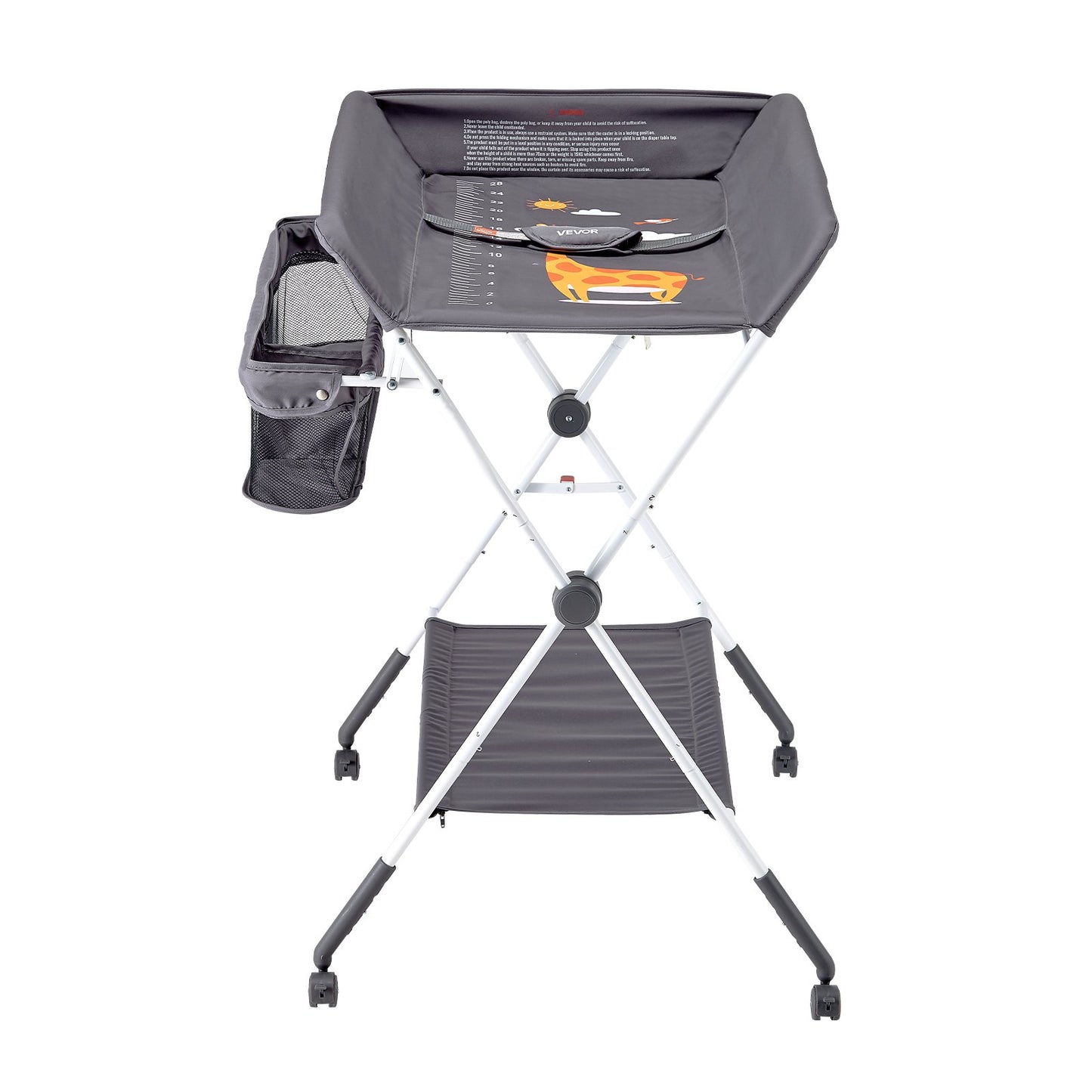 Wickeltisch, faltbar mit Seitenkorb, höhenverstellbar, tragbar, mit feststellbaren Rollen, multifunktionaler Aufbewahrungsorganizer fürs Kinderzimmer, Dunkelgrau