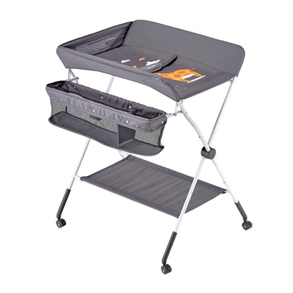 Wickeltisch, faltbar mit Seitenkorb, höhenverstellbar, tragbar, mit feststellbaren Rollen, multifunktionaler Aufbewahrungsorganizer fürs Kinderzimmer, Dunkelgrau