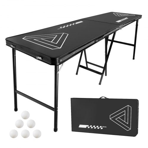 8 Foot Portable Beer Pong Table, Foldable 36 inch Heightened Table, Carrying Handles and 6 Pong Balls, Lightweight Tailgate Table for Office, Tailgate Party, Travel & Camping, Black