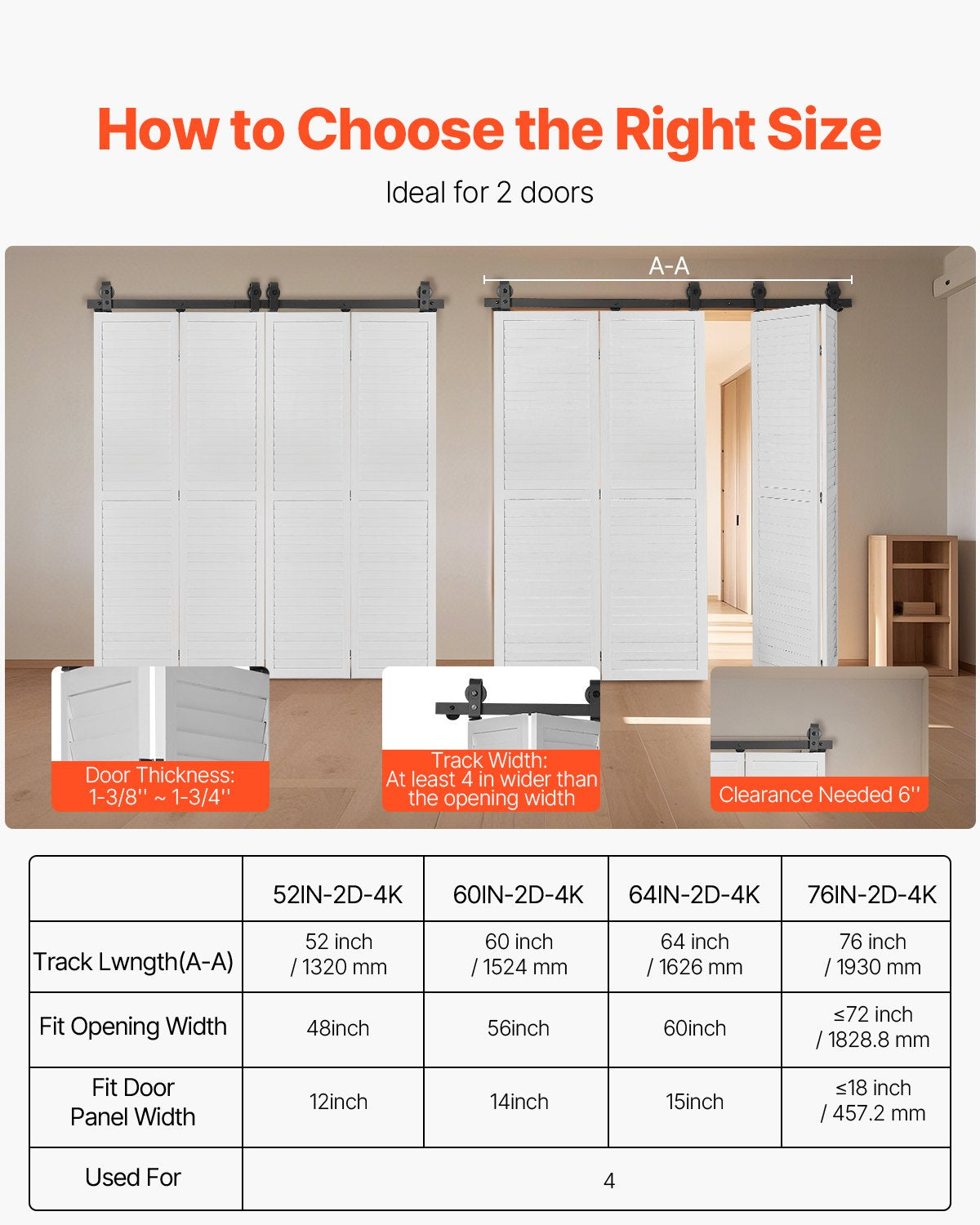 Bi-Folding Sliding Barn Door Hardware Track Kit, 52" Top Mount Track Kit, Slide Smoothly & Quietly, Heavy Duty, Easy to Install, Suitable for Four 12" Closet Pantry Laundry Doors (Not Included)
