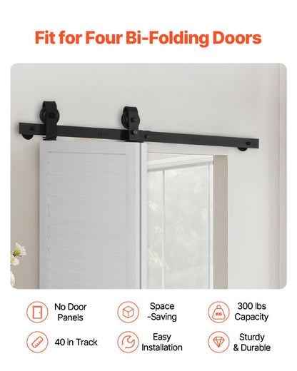 Bi-Folding Sliding Barn Door Hardware Track Kit, 40" Top Mount Track Kit, Slide Smoothly & Quietly, Heavy Duty, Easy to Install, Suitable for Two 18" Closet Pantry Laundry Doors (Not Included)