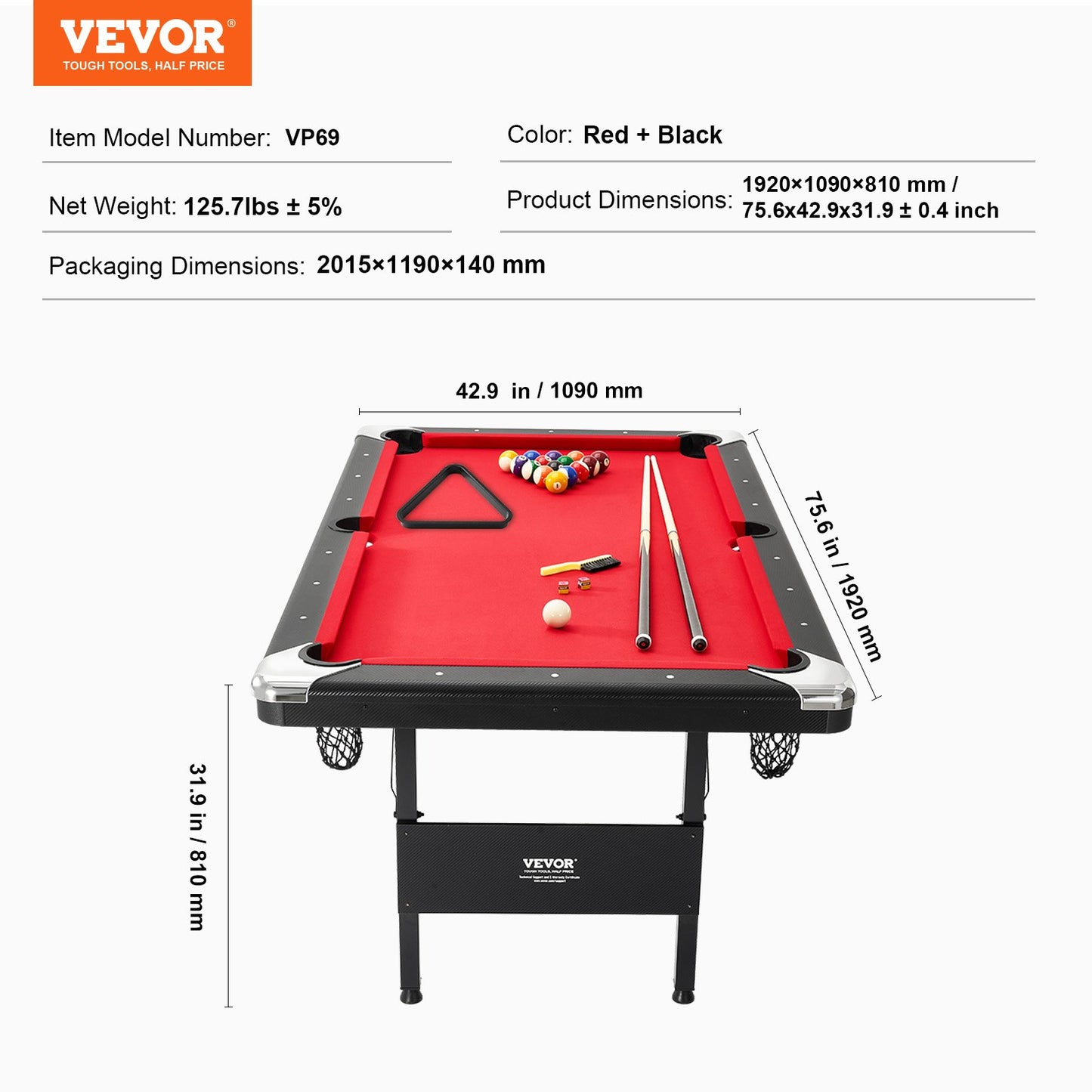 Billiards Table, 192 cm Pool Table, Portable Foldable Space-Saving Table, Billiard Table Set Includes Balls, Cues, Chalks and Brush, Black with Red Cloth, Perfect for Family Game Room Kid Adult