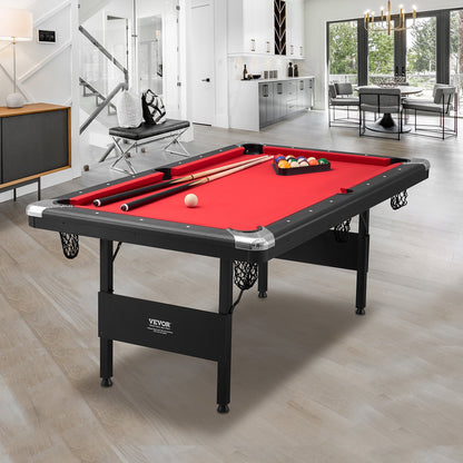 Billiards Table, 192 cm Pool Table, Portable Foldable Space-Saving Table, Billiard Table Set Includes Balls, Cues, Chalks and Brush, Black with Red Cloth, Perfect for Family Game Room Kid Adult