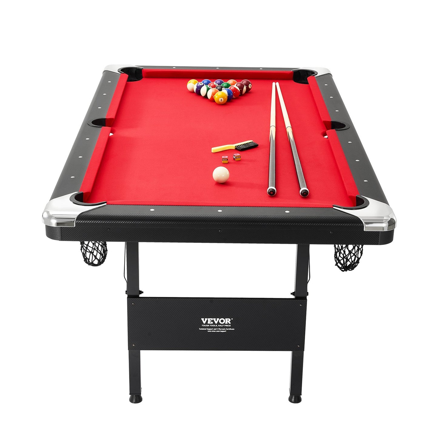 Billiards Table, 192 cm Pool Table, Portable Foldable Space-Saving Table, Billiard Table Set Includes Balls, Cues, Chalks and Brush, Black with Red Cloth, Perfect for Family Game Room Kid Adult