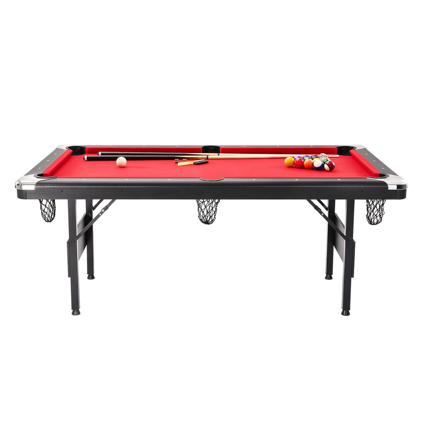 Billiards Table, 192 cm Pool Table, Portable Foldable Space-Saving Table, Billiard Table Set Includes Balls, Cues, Chalks and Brush, Black with Red Cloth, Perfect for Family Game Room Kid Adult