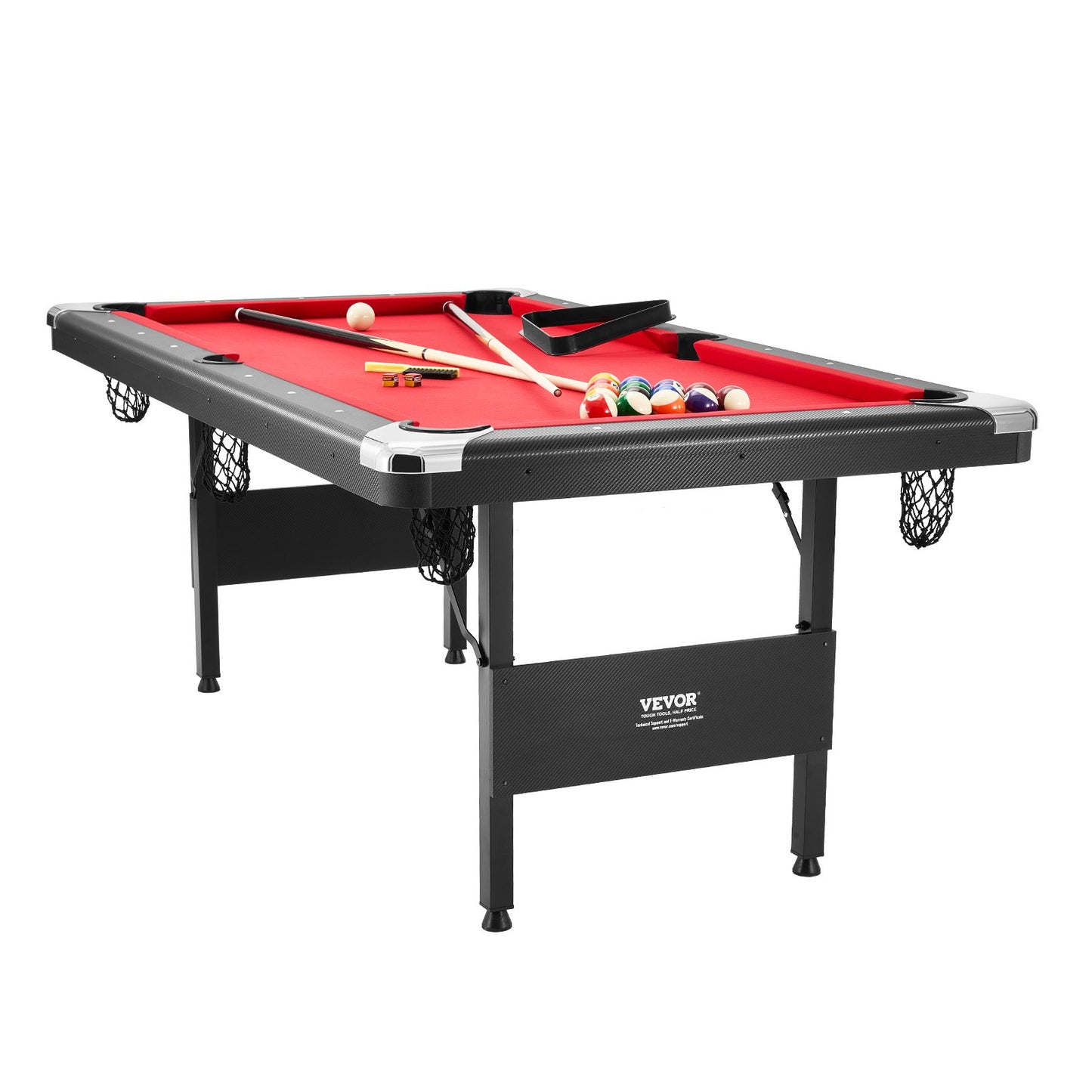 Billiards Table, 192 cm Pool Table, Portable Foldable Space-Saving Table, Billiard Table Set Includes Balls, Cues, Chalks and Brush, Black with Red Cloth, Perfect for Family Game Room Kid Adult