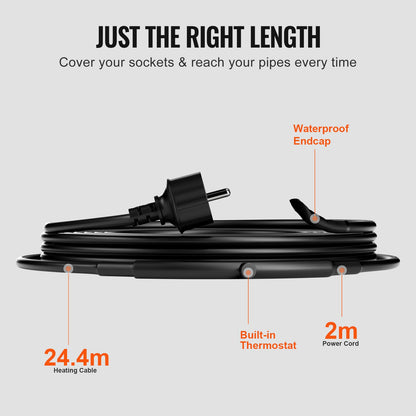 Selbstregulierendes Rohrheizkabel, 24,4 m, 16,4 W/m Heizband zum Schutz von Rohren vor Frost, Wasserrohrheizkabel mit eingebautem Thermostat schützt PVC-Schläuche, Metall- und Kunststoffrohre vor dem Einfrieren