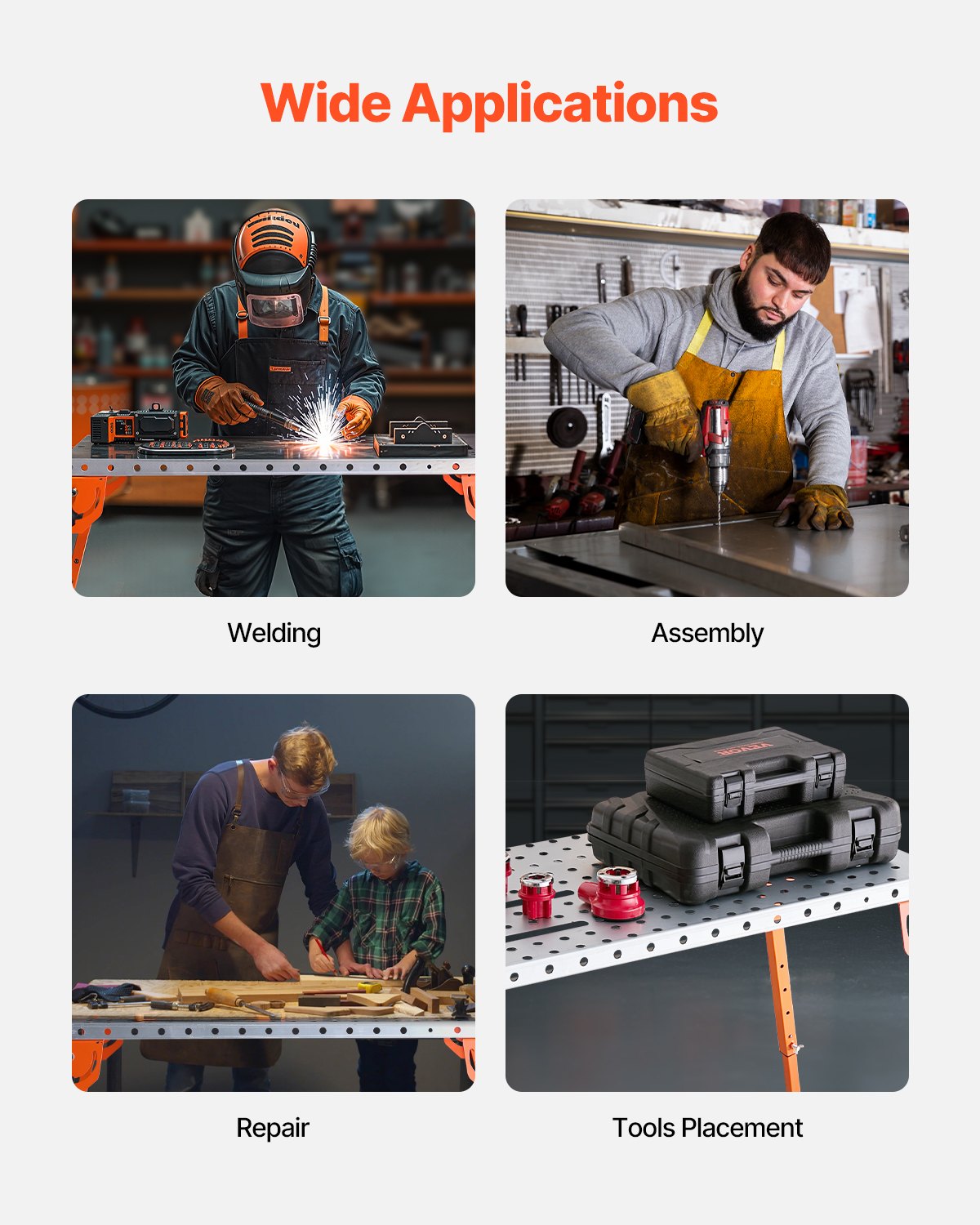 Foldable Welding Table 44" x 21", 500LBS Capacity Welding Workbench with 4-Level Adjustable Height, Carbon Steel Work Bench with 6 Tool Slots & 0.63" Fixture Holes for Welding Assembly Repair