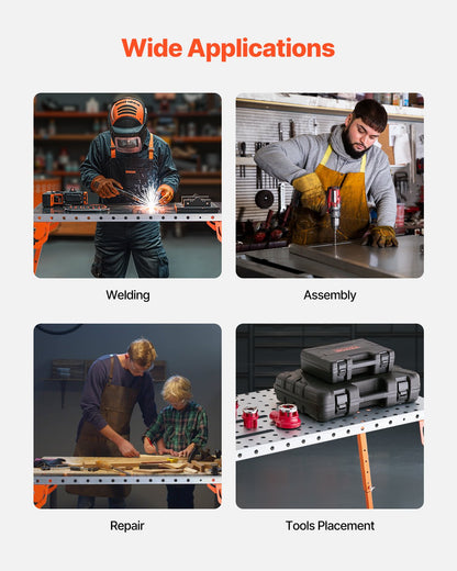 Foldable Welding Table 44" x 21", 500LBS Capacity Welding Workbench with 4-Level Adjustable Height, Carbon Steel Work Bench with 6 Tool Slots & 0.63" Fixture Holes for Welding Assembly Repair