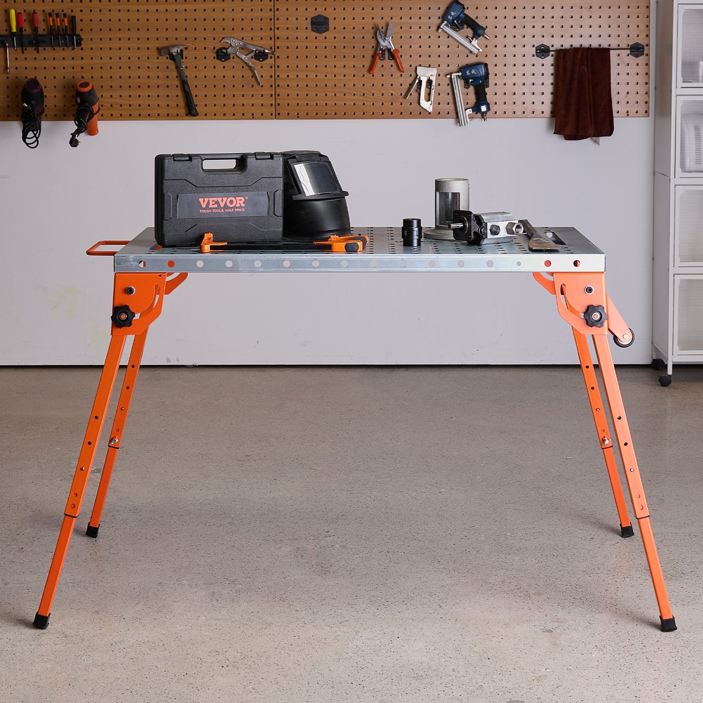 Foldable Welding Table 44" x 21", 500LBS Capacity Welding Workbench with 4-Level Adjustable Height, Carbon Steel Work Bench with 6 Tool Slots & 0.63" Fixture Holes for Welding Assembly Repair